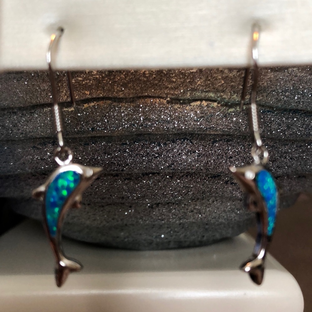 Sterling Silver with Lab Opal Dolphin Earrings - Picture 5 of 5